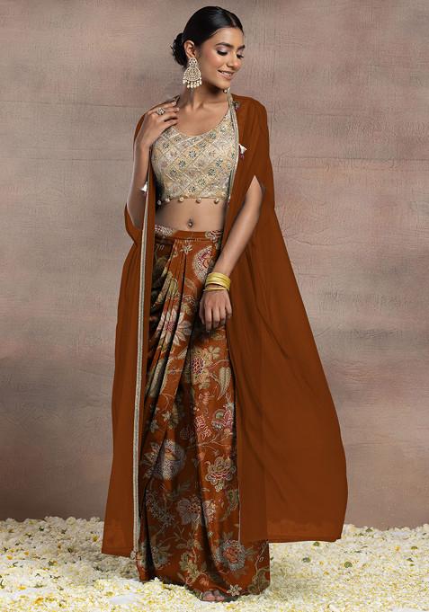 Orange Draped Lehenga Set With Gold Dori Sequin Hand Embroidered Blouse And Mesh Jacket