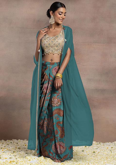 Blue Draped Lehenga Set With Gold Dori Sequin Hand Embroidered Blouse And Mesh Jacket