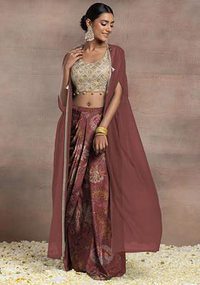Pink Draped Lehenga Set With Gold Dori Sequin Hand Embroidered Blouse And Mesh Jacket