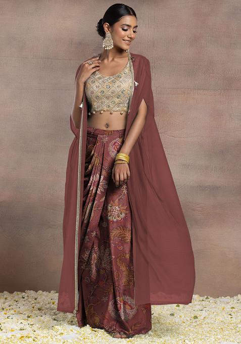 Pink Draped Lehenga Set With Gold Dori Sequin Hand Embroidered Blouse And Mesh Jacket