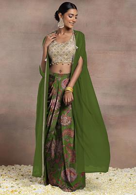 Green Draped Lehenga Set With Gold Dori Sequin Hand Embroidered Blouse And Mesh Jacket