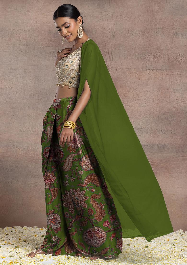 Green Draped Lehenga Set With Gold Dori Sequin Hand Embroidered Blouse And Mesh Jacket