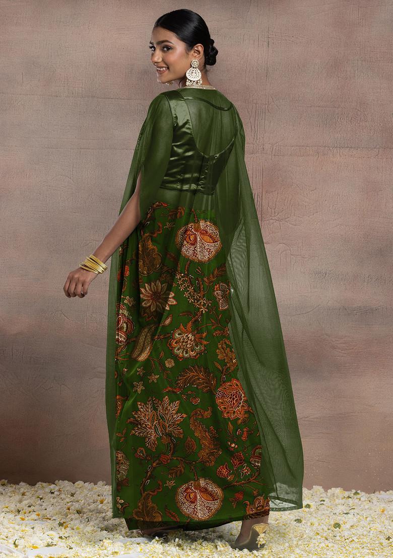 Green Draped Lehenga Set With Gold Dori Sequin Hand Embroidered Blouse And Mesh Jacket