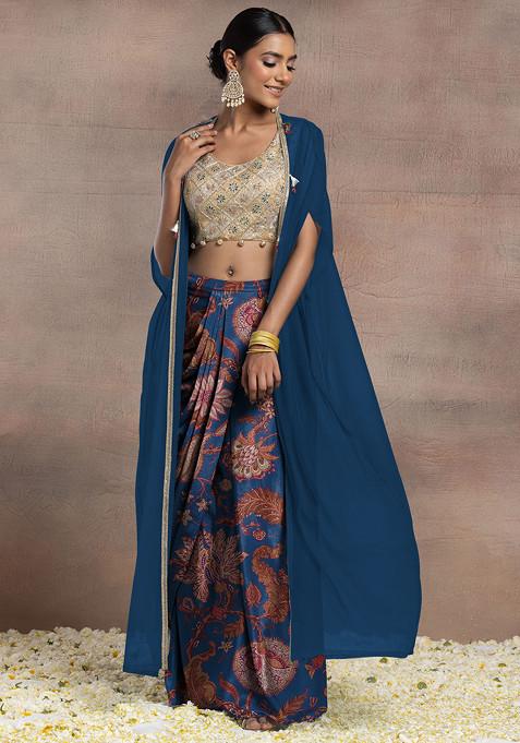 Blue Draped Lehenga Set With Gold Dori Sequin Hand Embroidered Blouse And Mesh Jacket