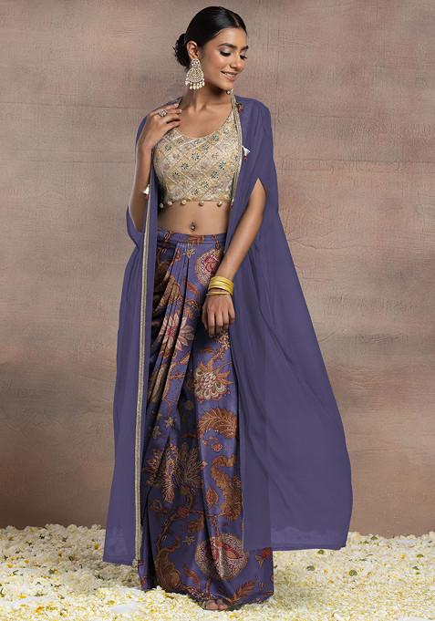 Lavender Draped Lehenga Set With Gold Dori Sequin Hand Embroidered Blouse And Mesh Jacket