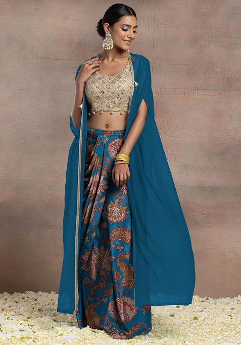 Teal Draped Lehenga Set With Gold Dori Sequin Hand Embroidered Blouse And Mesh Jacket