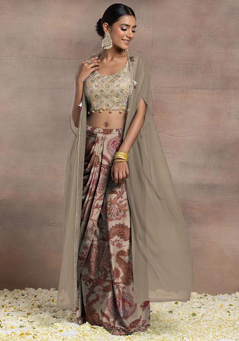 Beige Draped Lehenga Set With Gold Dori Sequin Hand Embroidered Blouse And Mesh Jacket