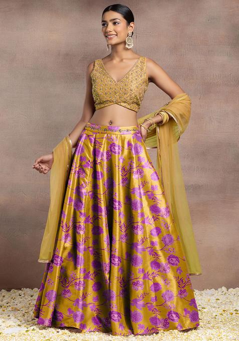 Yellow Silk Lehenga Set With Hand Embroidered Blouse And Dupatta