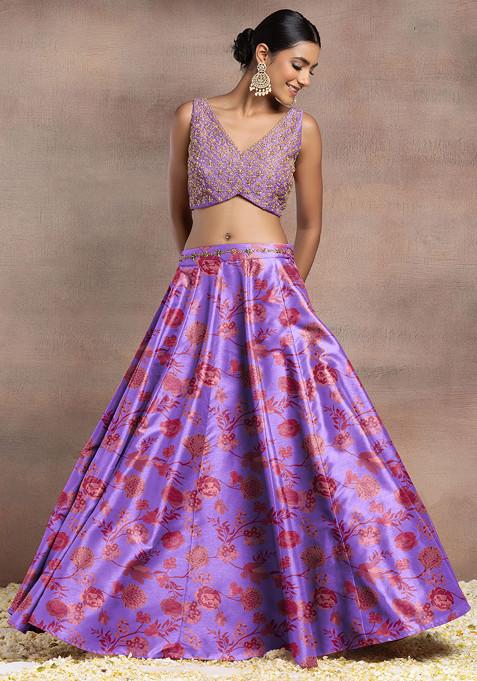 Purple Silk Lehenga Set With Hand Embroidered Blouse And Dupatta