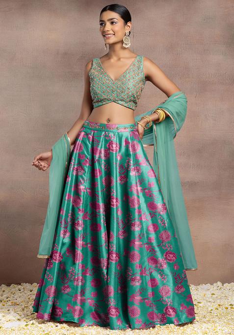 Green Silk Lehenga Set With Hand Embroidered Blouse And Dupatta