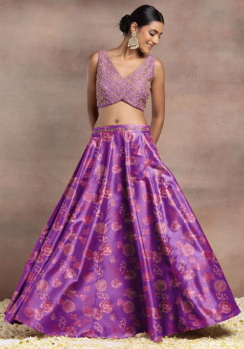 Purple Silk Lehenga Set With Hand Embroidered Blouse And Dupatta