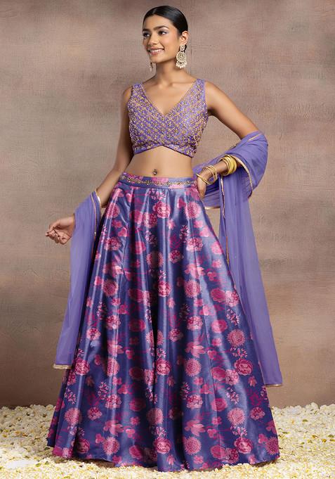 Blue Silk Lehenga Set With Hand Embroidered Blouse And Dupatta