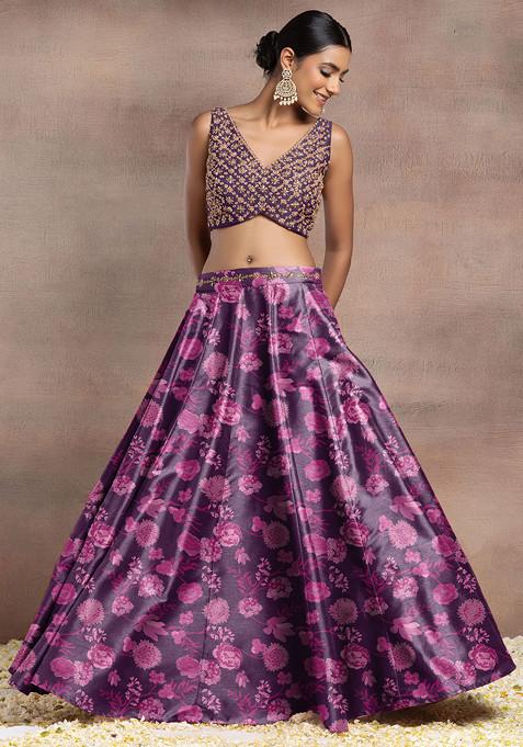 Dark Purple Silk Lehenga Set With Hand Embroidered Blouse And Dupatta