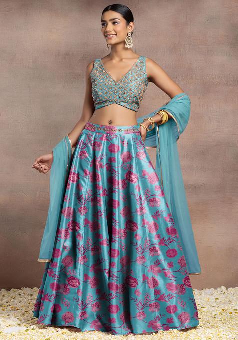 Blue Silk Lehenga Set With Hand Embroidered Blouse And Dupatta