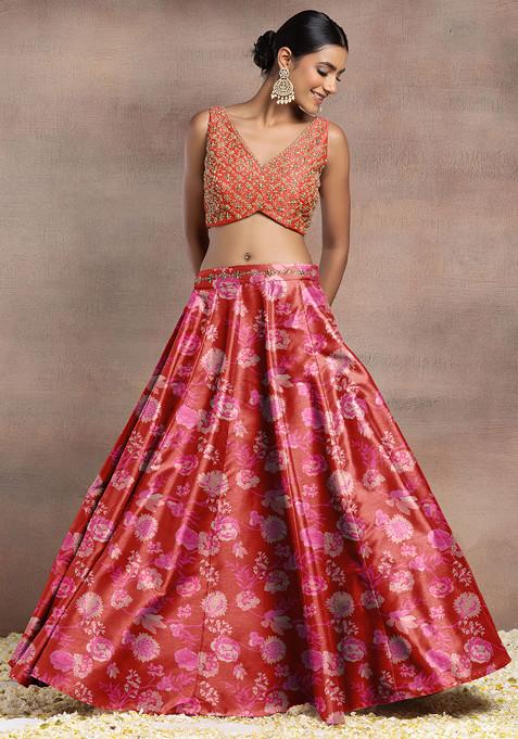 Red Silk Lehenga Set With Hand Embroidered Blouse And Dupatta