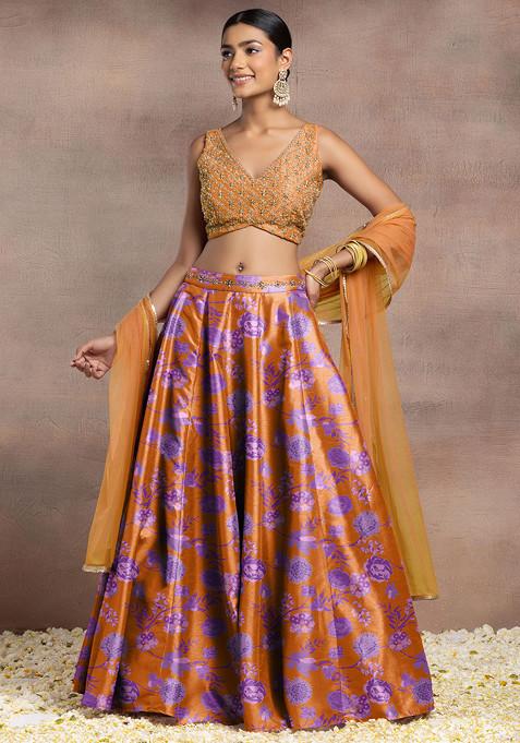 Orange Silk Lehenga Set With Hand Embroidered Blouse And Dupatta