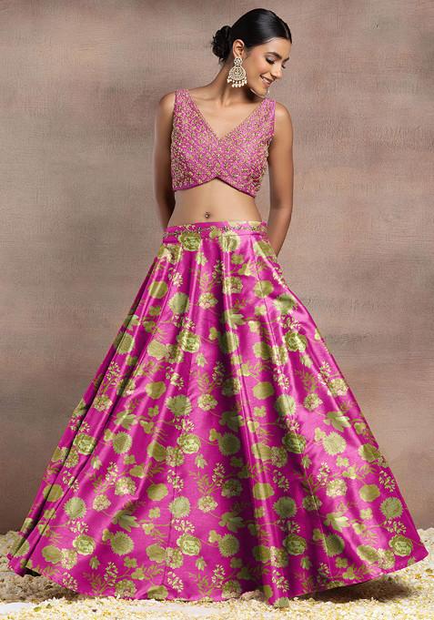 Pink Silk Lehenga Set With Hand Embroidered Blouse And Dupatta