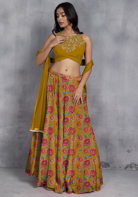 Yellow Lehenga Set With Sequin Hand Embroidered Blouse And Mesh Dupatta