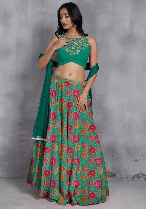 Lime Blue Lehenga Set With Sequin Hand Embroidered Blouse And Mesh Dupatta