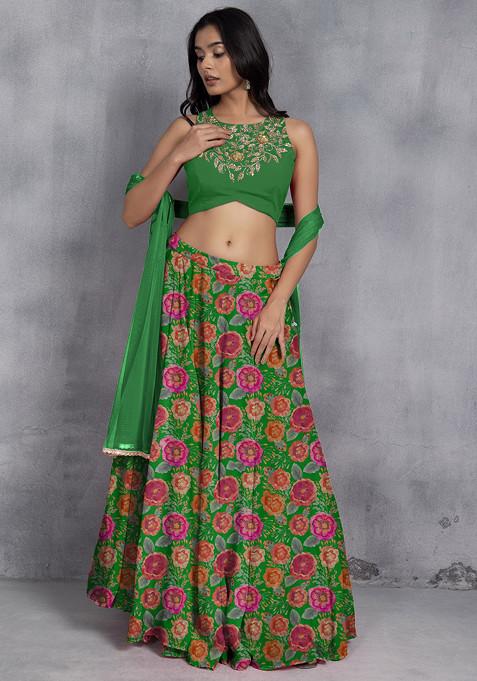 Dark Green Lehenga Set With Sequin Hand Embroidered Blouse And Mesh Dupatta