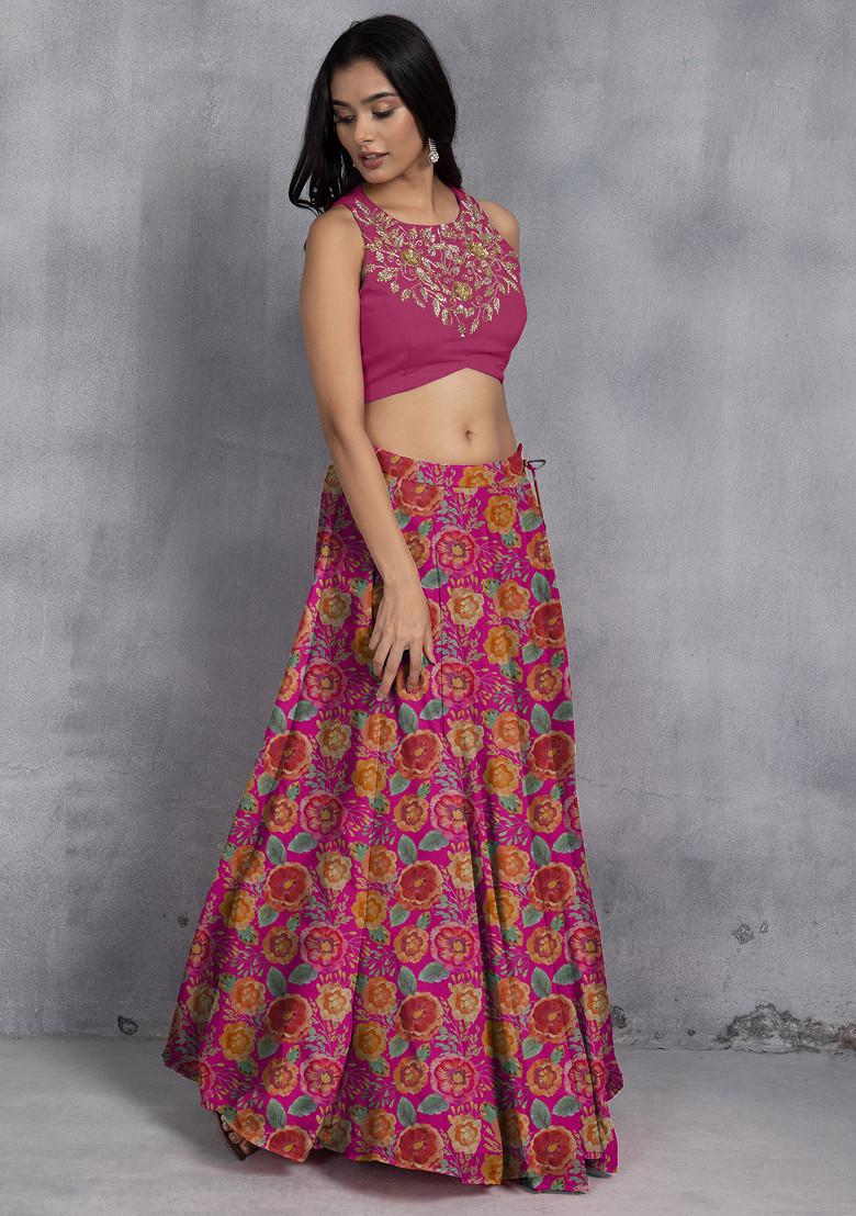 Hot Pink Lehenga Set With Sequin Hand Embroidered Blouse And Mesh Dupatta