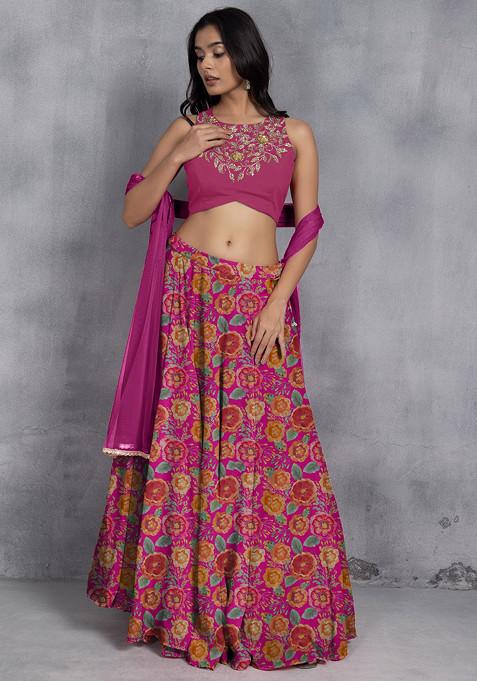 Hot Pink Lehenga Set With Sequin Hand Embroidered Blouse And Mesh Dupatta