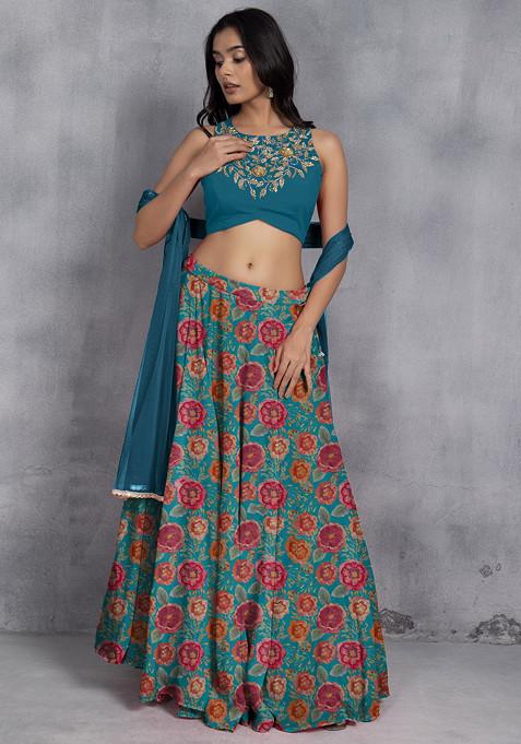 Blue Lehenga Set With Sequin Hand Embroidered Blouse And Mesh Dupatta