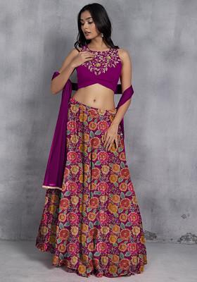 Pink Lehenga Set With Sequin Hand Embroidered Blouse And Mesh Dupatta