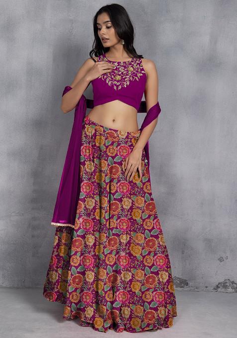 Pink Lehenga Set With Sequin Hand Embroidered Blouse And Mesh Dupatta