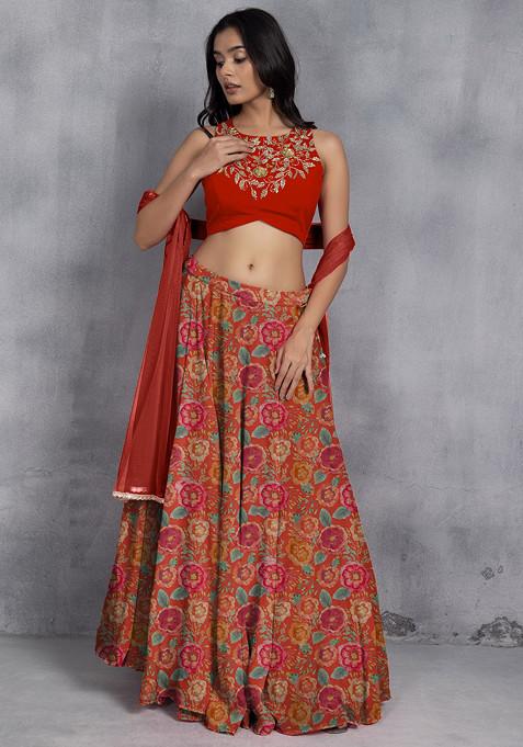 Orange Lehenga Set With Sequin Hand Embroidered Blouse And Mesh Dupatta