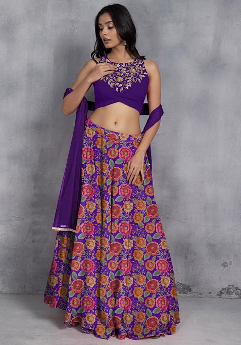 Purple Lehenga Set With Sequin Hand Embroidered Blouse And Mesh Dupatta