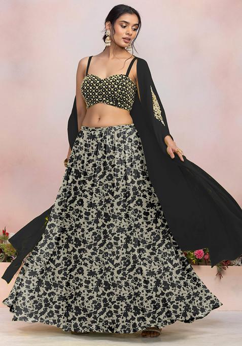 Black Lehenga Set With Sequin Pearl Hand Embroidered Blouse And Jacket