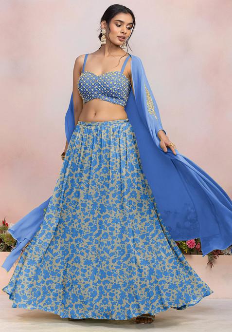 Blue Lehenga Set With Pearl Hand Embroidered Blouse And Jacket