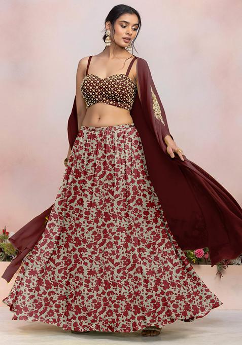 Brown Lehenga Set With Sequin Pearl Hand Embroidered Blouse And Jacket