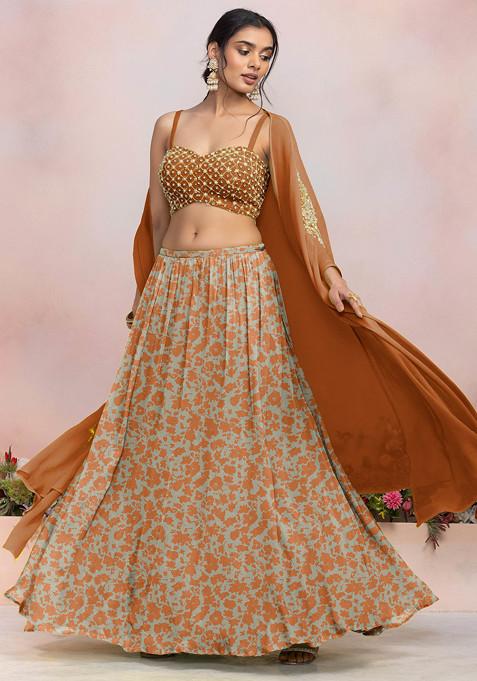 Orange Lehenga Set With Sequin Hand Embroidered Blouse And Jacket