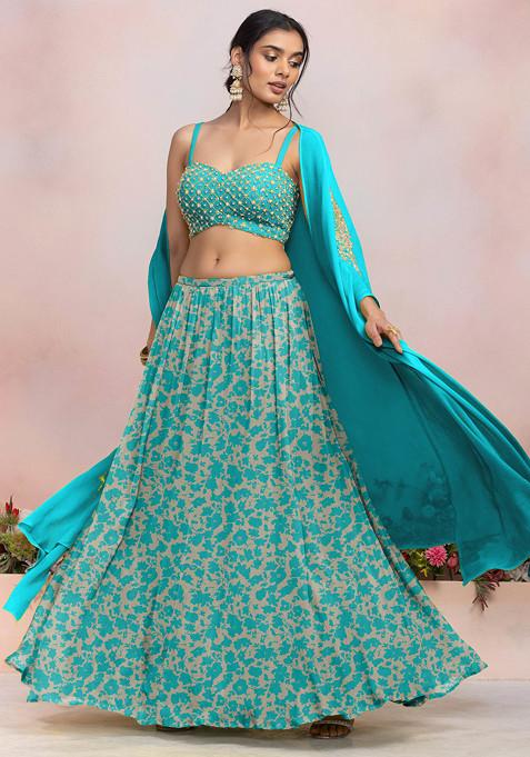 Blue Lehenga Set With Sequin Pearl Hand Embroidered Blouse And Jacket