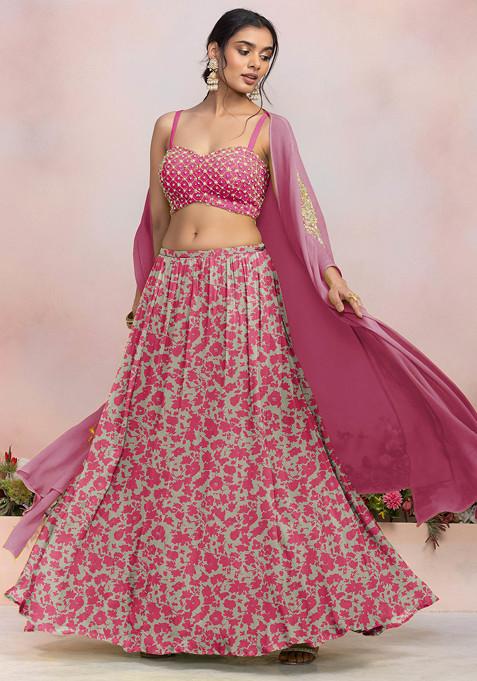 Pink Lehenga Set With Sequin Hand Embroidered Blouse And Jacket