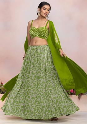 Green Lehenga Set With Sequin Pearl Hand Embroidered Blouse And Jacket