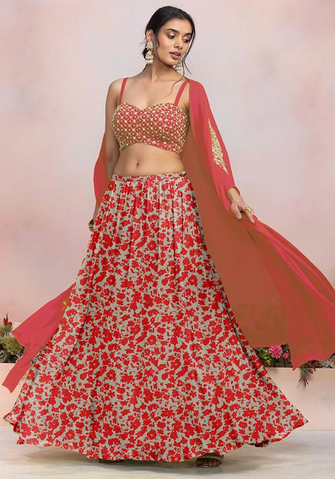 Red Lehenga Set With Sequin Pearl Hand Embroidered Blouse And Jacket