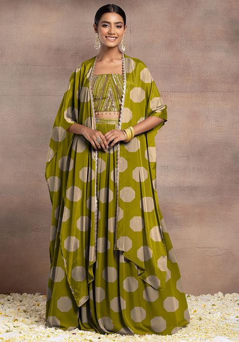 Green Lehenga Set With Sequin Hand Embroidered Blouse And Cape