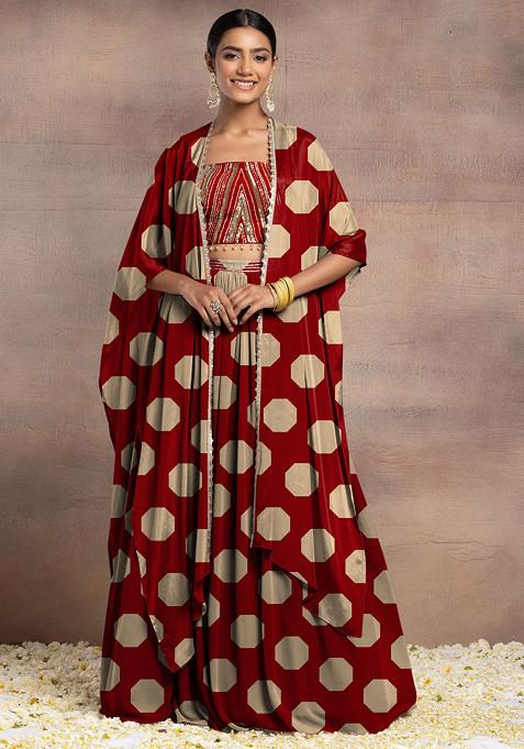 Red Lehenga Set With Sequin Hand Embroidered Blouse And Cape