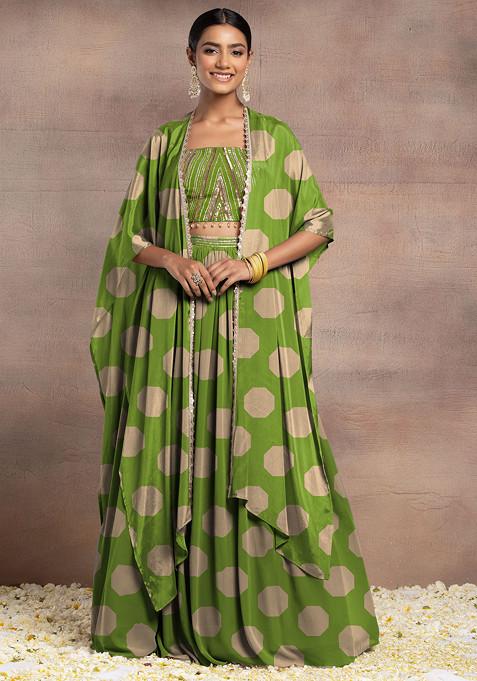 Green Lehenga Set With Hand Embroidered Blouse And Cape