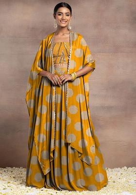 Yellow Lehenga Set With Sequin Hand Embroidered Blouse And Cape