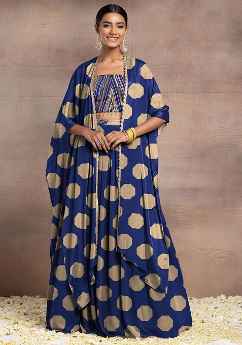 Blue Lehenga Set With Sequin Hand Embroidered Blouse And Cape