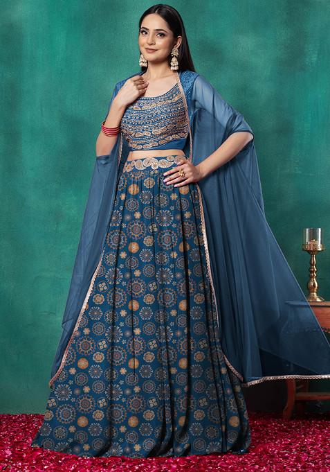 Blue Lehenga Set With Paisley Dori Hand Embroidered Blouse And Dupatta