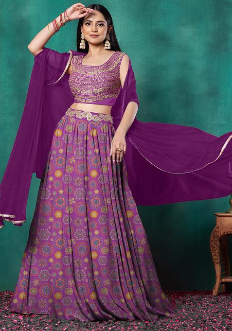 Purple Lehenga Set With Paisley Dori Hand Embroidered Blouse And Dupatta