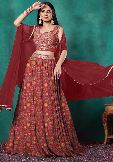 Red Lehenga Set With Paisley Dori Hand Embroidered Blouse And Dupatta