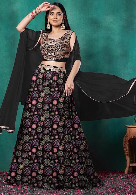 Black Lehenga Set With Paisley Dori Hand Embroidered Blouse And Dupatta