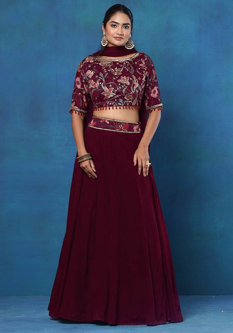 Maroon Lehenga Set With Floral Hand Embroidered Blouse And Mesh Dupatta