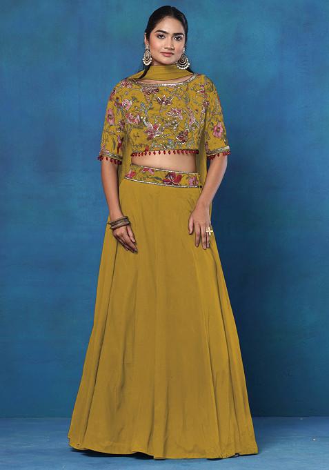 Yellow Lehenga Set With Floral Hand Embroidered Blouse And Mesh Dupatta